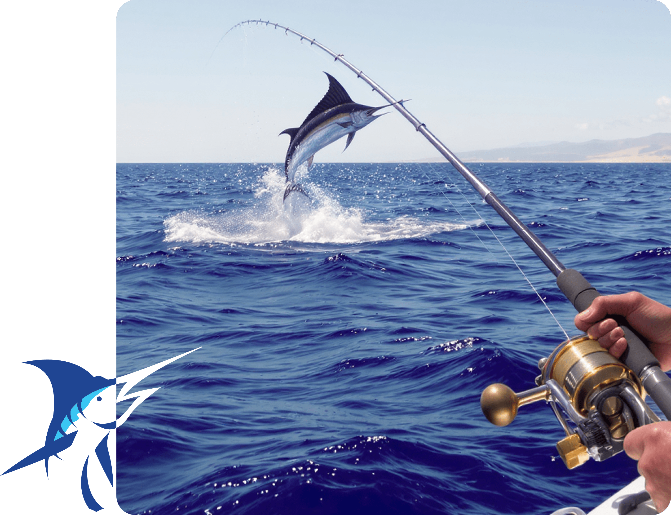 Large fish leaping out of ocean water with fishing rod visible