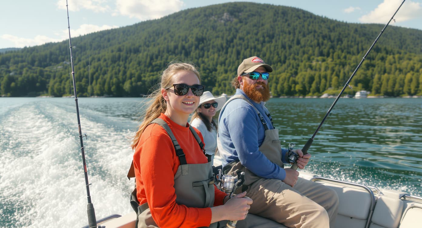 Fishing charter on the water with mountain backdrop